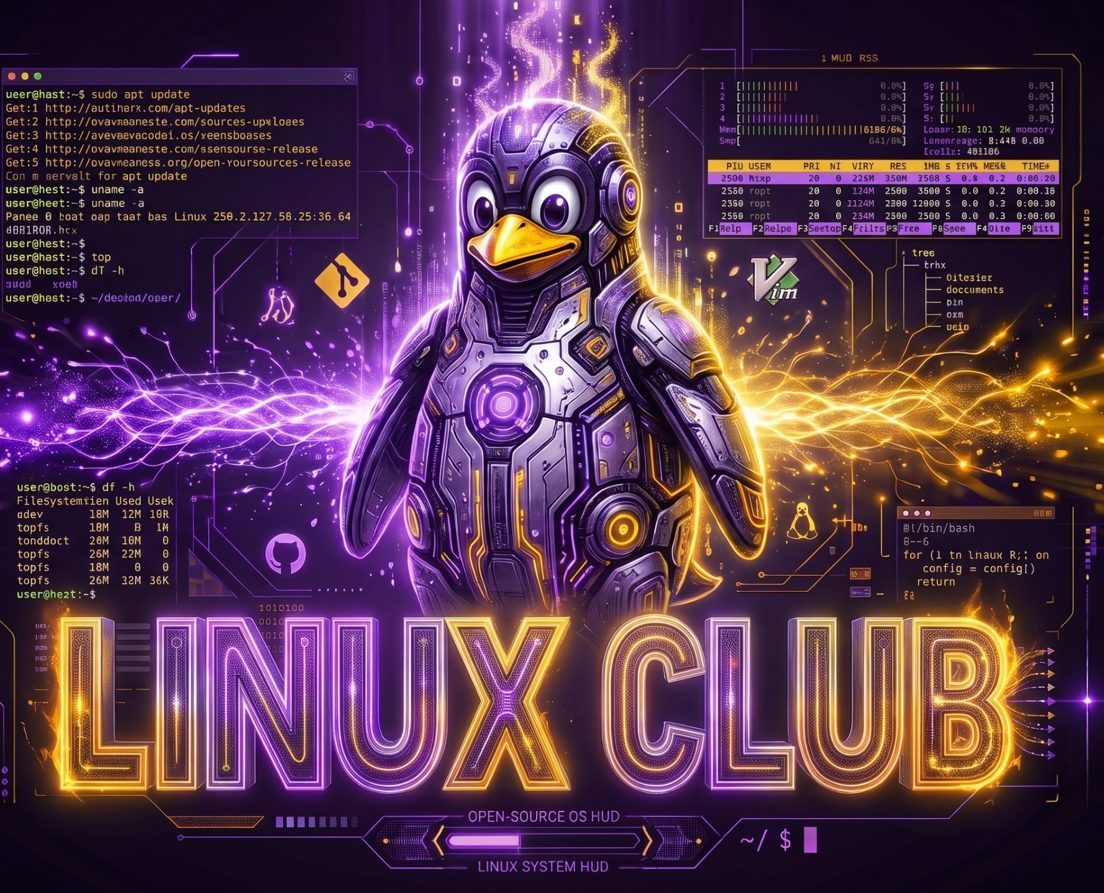 Linux Club — armored Tux in front of terminal HUD panels
